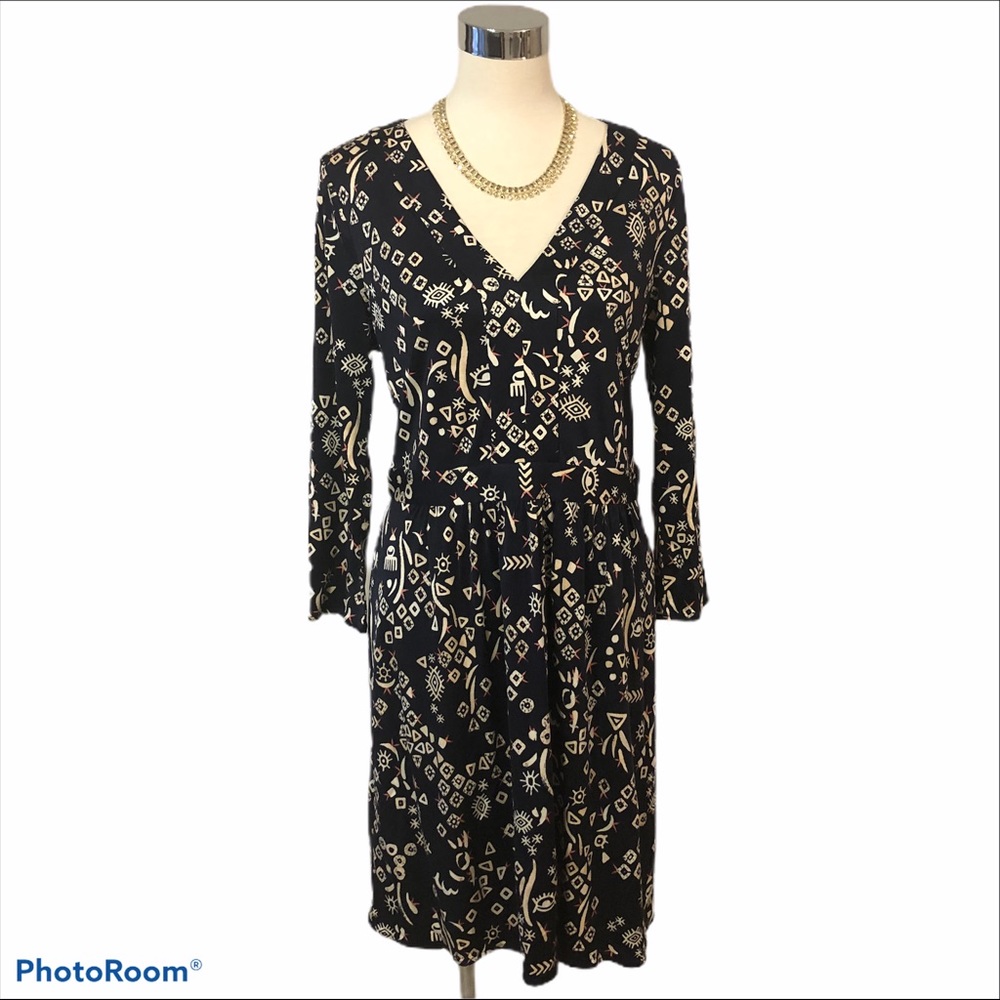 Tory Burch Long Sleeve Blue Aztec Print Silk Dress